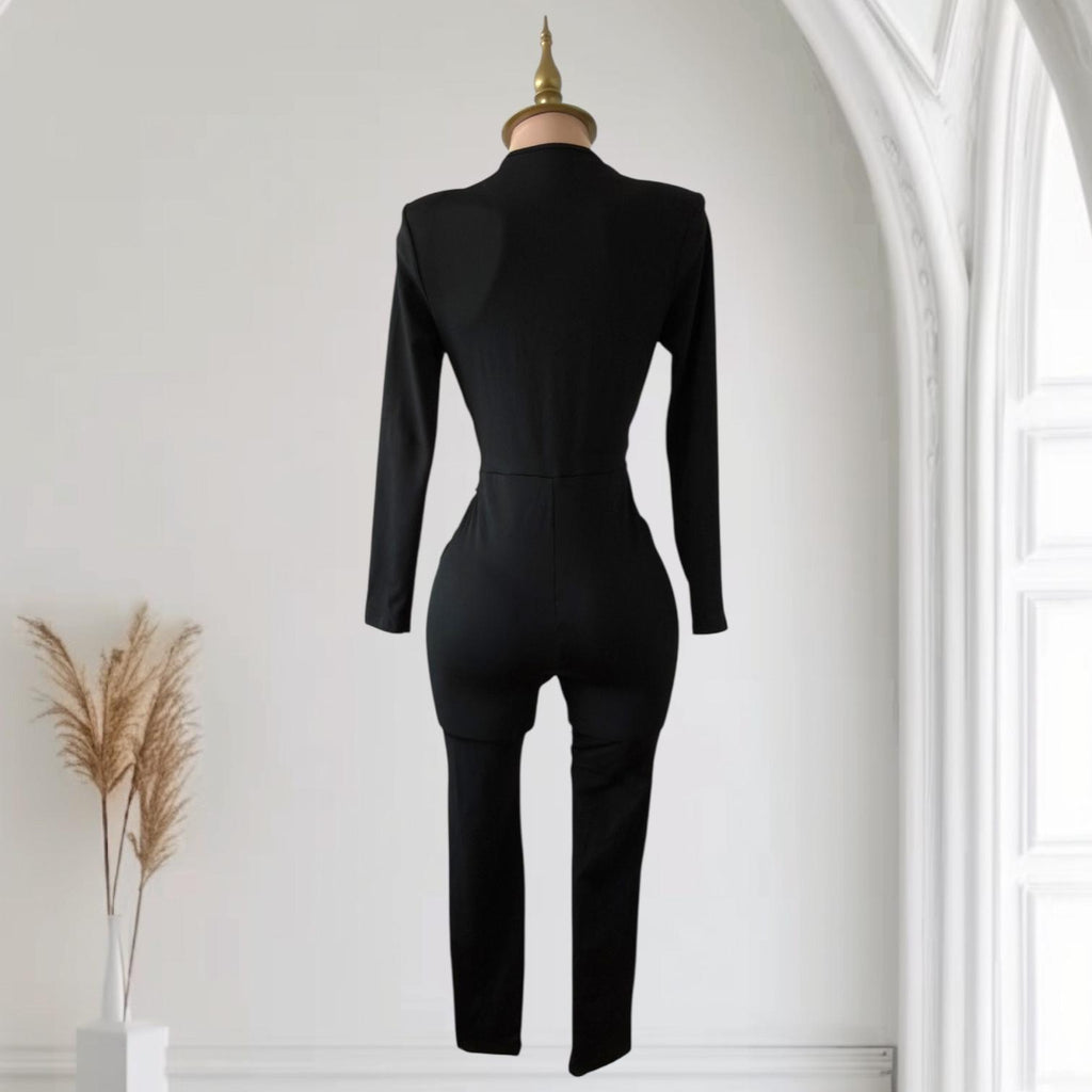 Enterizo Negro con Cuello V Profundo, Mangas Largas y Hombreras Estructuradas Elegante SHEIN - Talla M