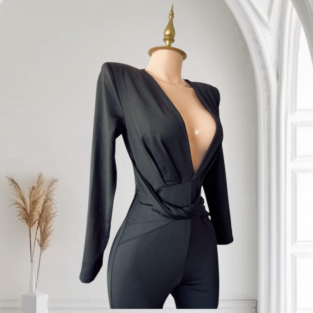 Enterizo Negro con Cuello V Profundo, Mangas Largas y Hombreras Estructuradas Elegante SHEIN - Talla M