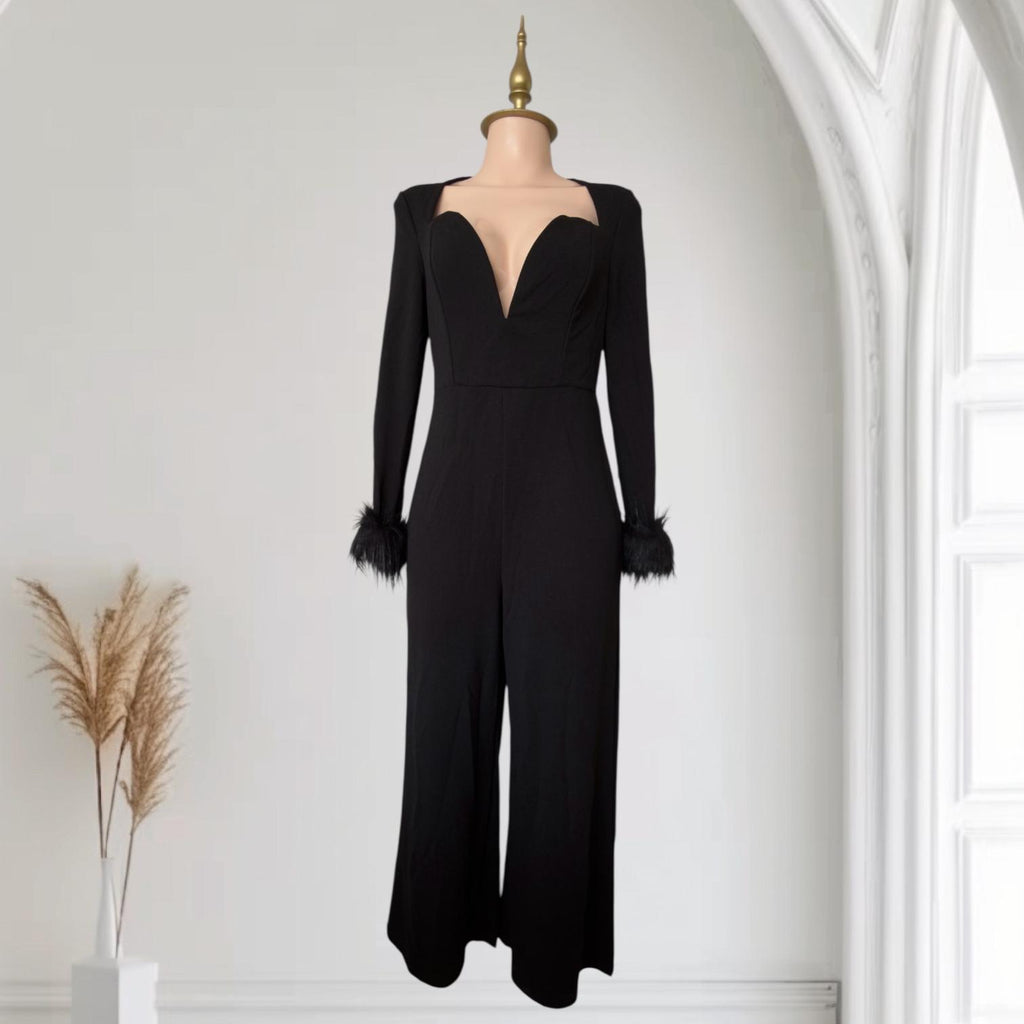 Enterizo Negro con Escote Corazón Profundo, Mangas Largas con Puños de Plumas y Pantalón Palazzo Elegante SHEIN - Talla L