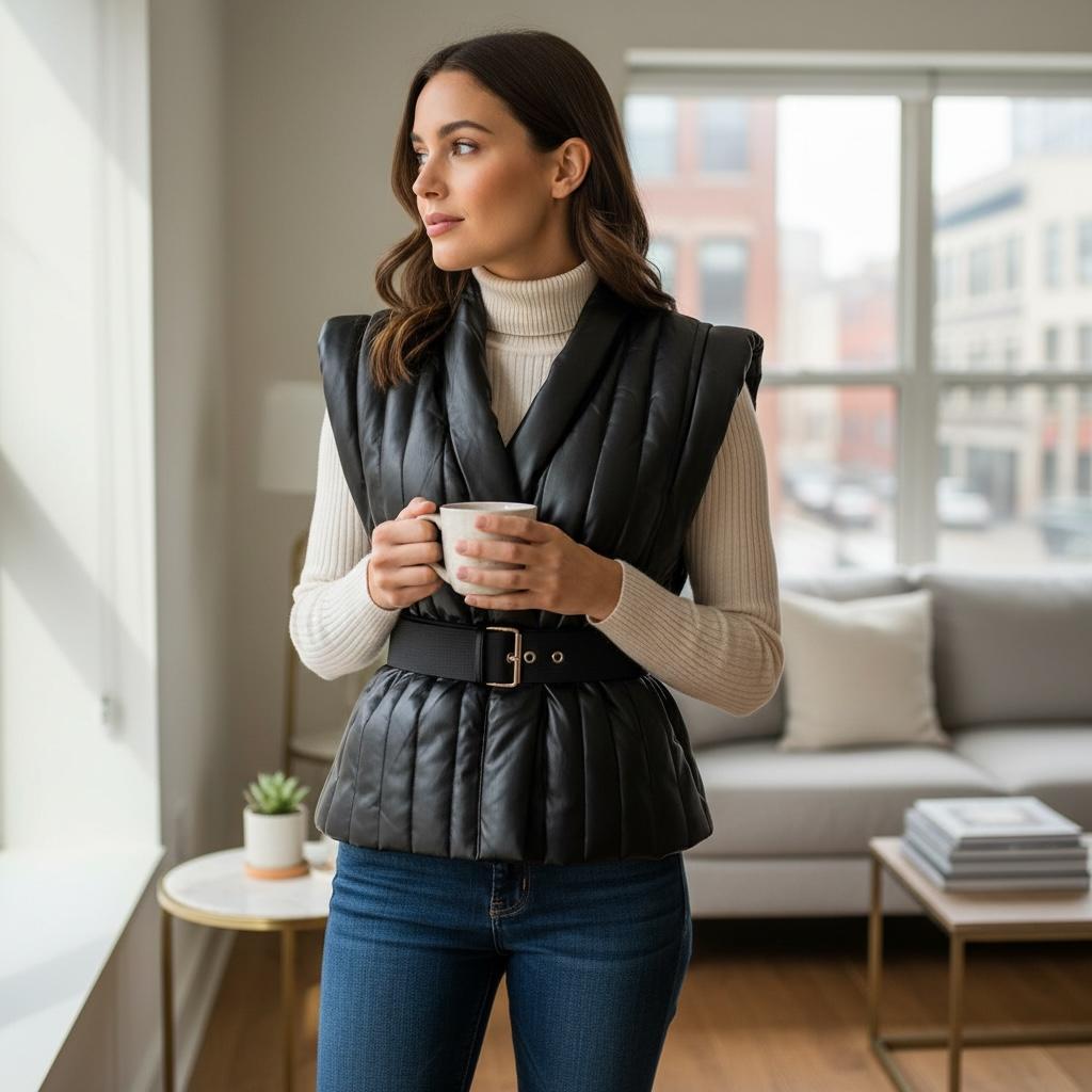 Chaleco Negro Acolchado de Piel Sintética con Cuello Tipo Solapa, Cinturón Ancho y Hombreras Estructuradas Elegante THAT'S HOT - Talla S