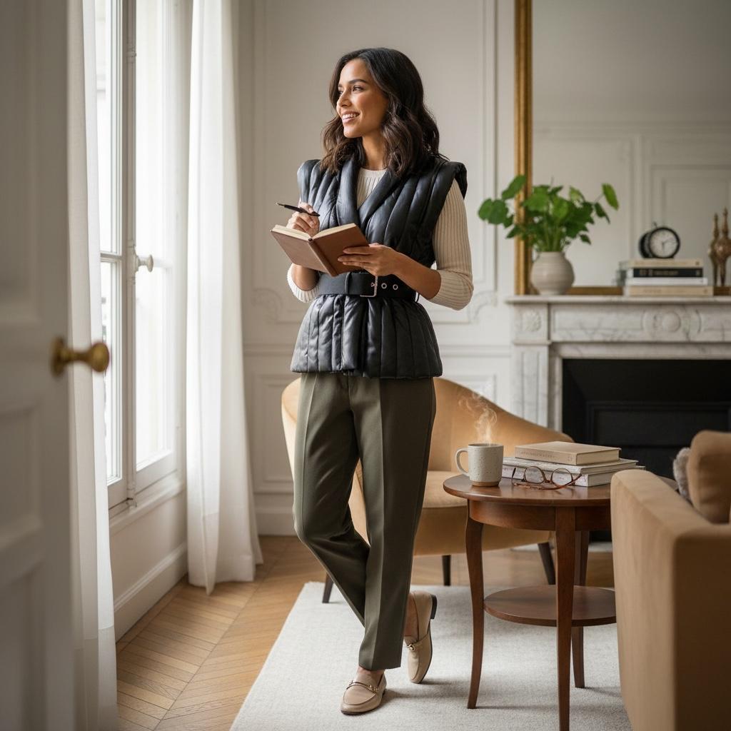 Chaleco Negro Acolchado de Piel Sintética con Cuello Tipo Solapa, Cinturón Ancho y Hombreras Estructuradas Elegante THAT'S HOT - Talla S