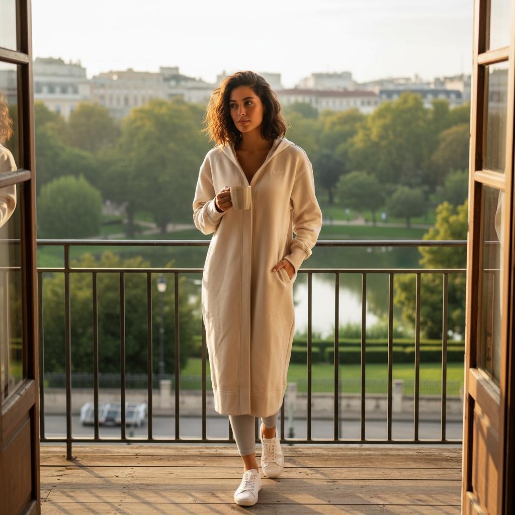 Cardigan Largo Beige Tipo Abrigo con Cuello V, Bolsillos Laterales y Logo Nike Bordado Cómodo NIKE - Talla M