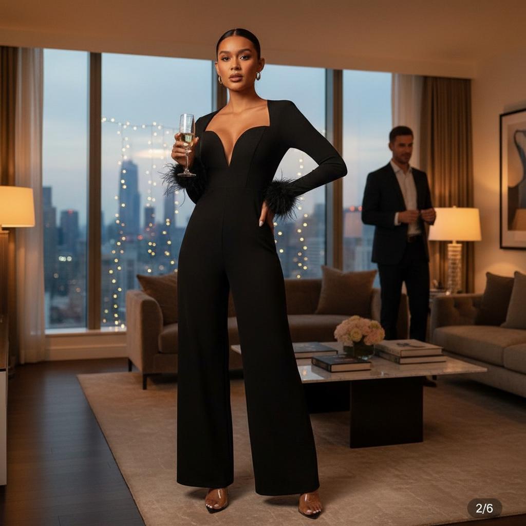 Enterizo Negro con Escote Corazón Profundo, Mangas Largas con Puños de Plumas y Pantalón Palazzo Elegante SHEIN - Talla L