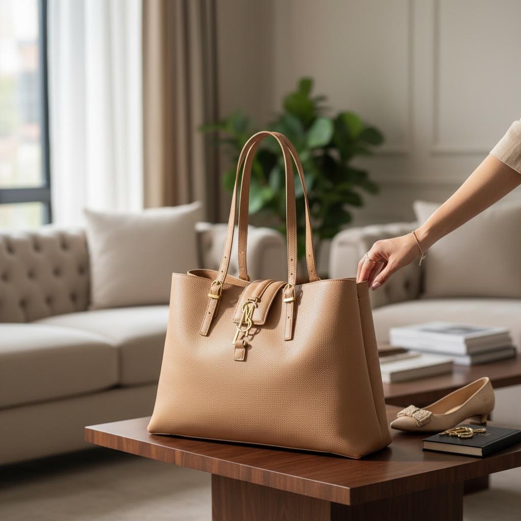 Tote Bag Camel con Logo SM Dorado y Cierre Decorativo Elegante STEVE MADDEN BKIKING-P