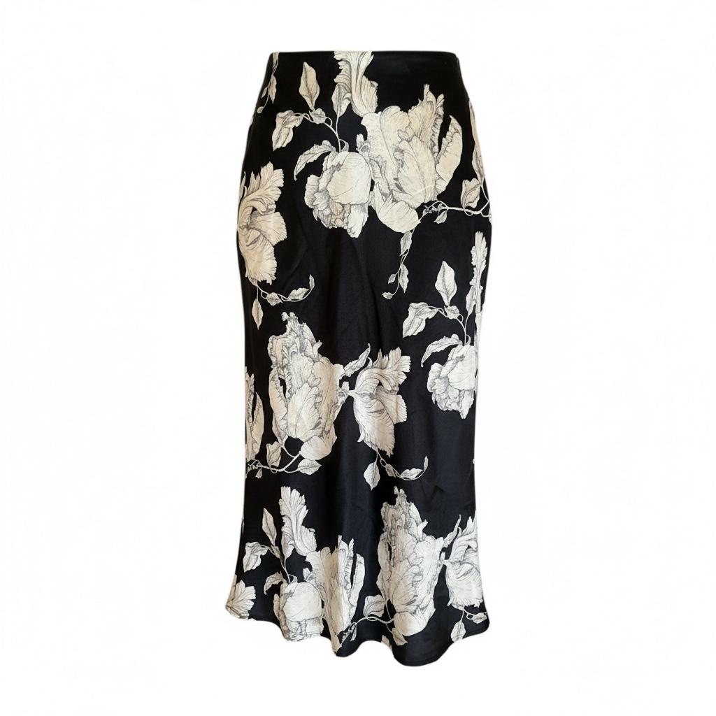 Falda Midi Negra con Estampado Floral Beige Elegante H&M - Talla S