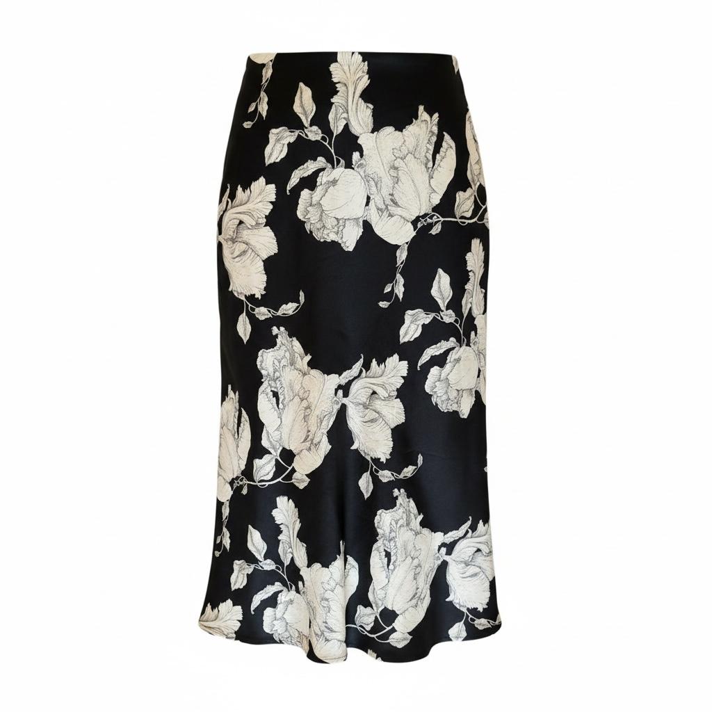 Falda Midi Negra con Estampado Floral Beige Elegante H&M - Talla S