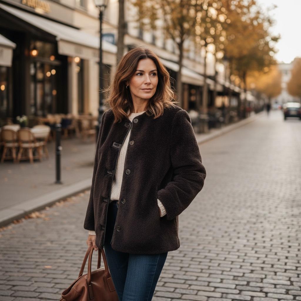 Chaqueta corta con ribete H&M Café con Detalles de Borrego Sintético Talla S - Nuevo con Etiqueta