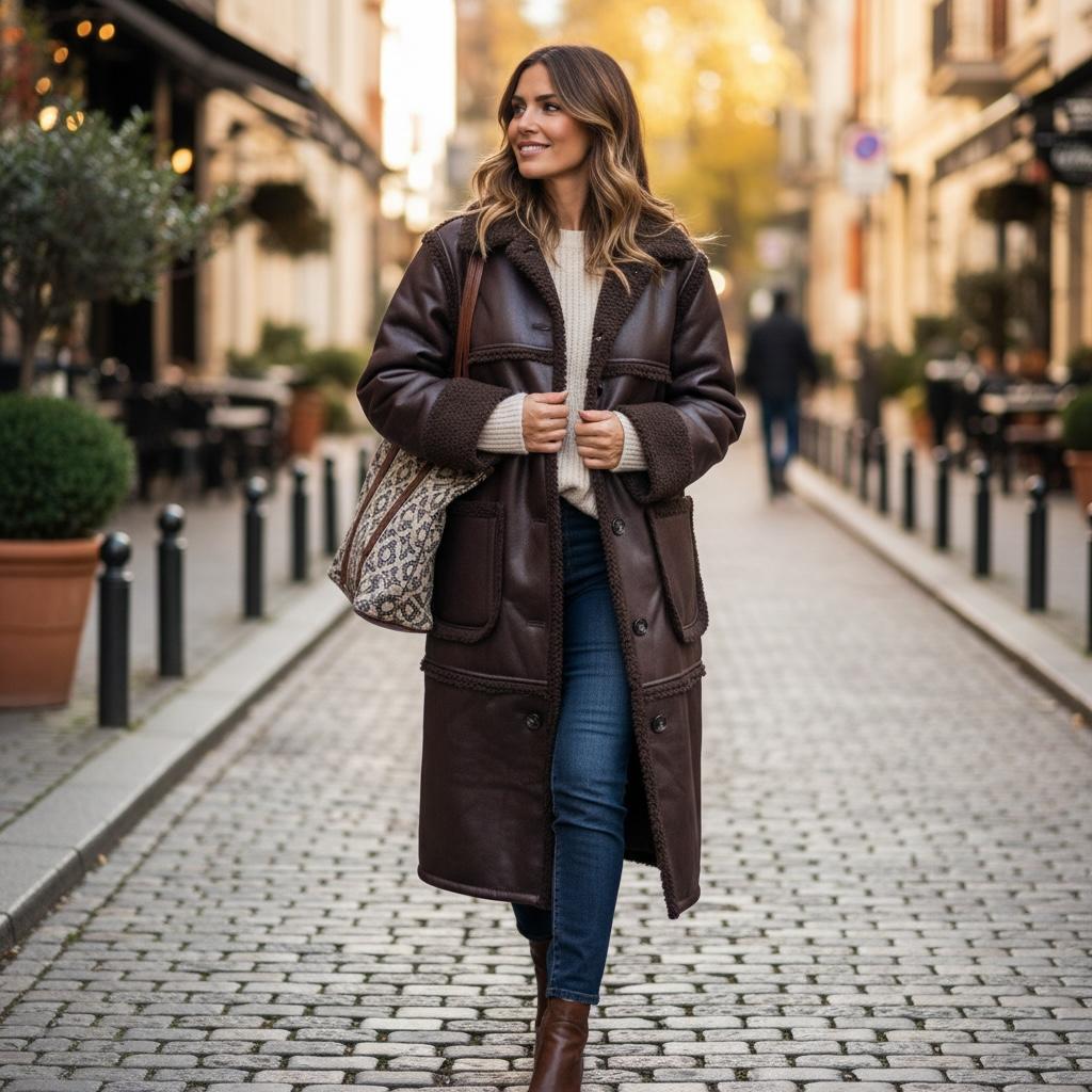 Abrigo H&M Café con Detalles de Borrego Sintético Talla M - Nuevo con Etiqueta